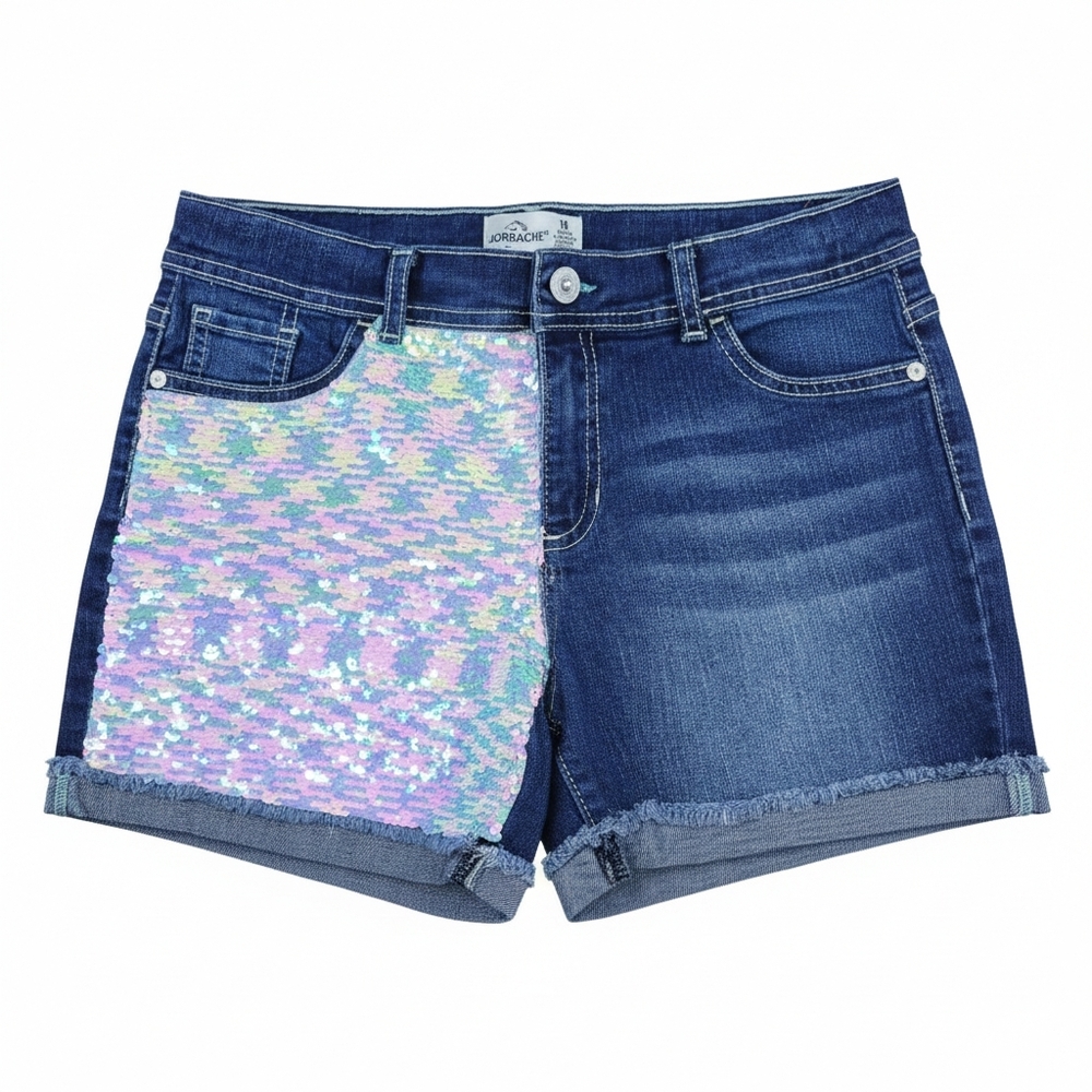 Jordache Girls 14 Flip Sequin Denim Shorts Frayed Hem Y2K Mermaidcore McBling